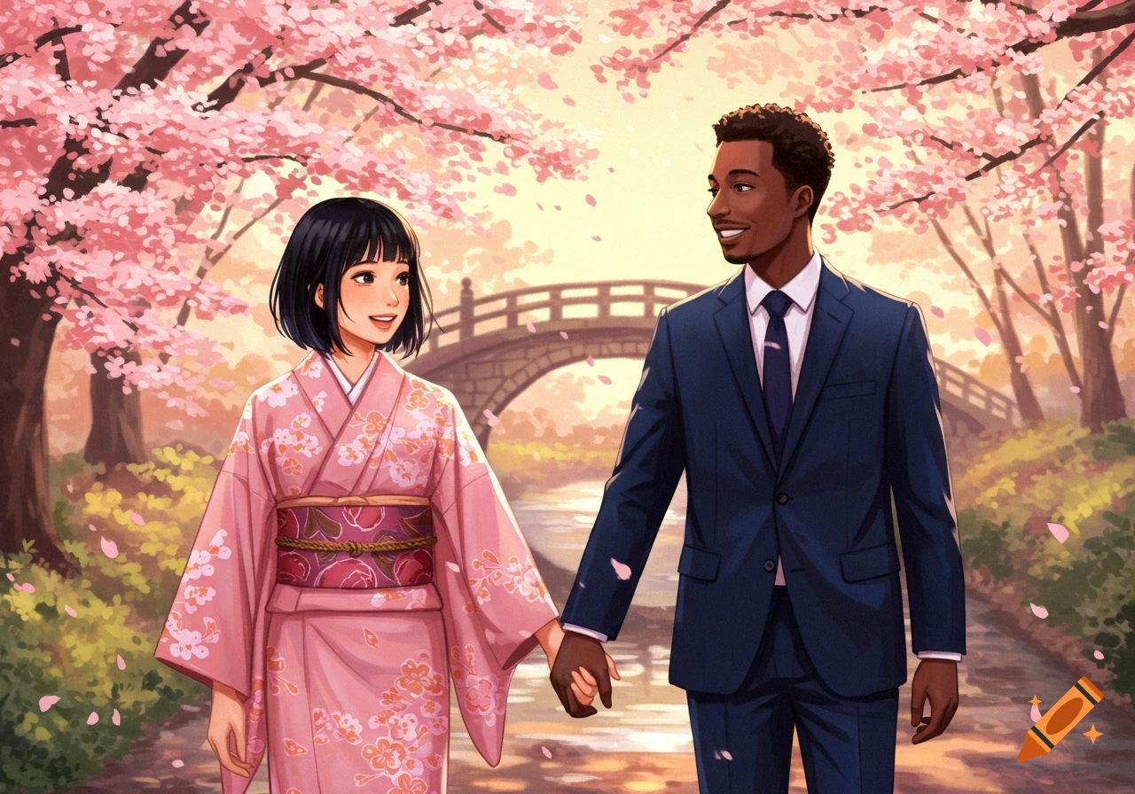 An anime couple, a Japanese woman in a pink kimono and a Black man in a suit, hold hands under cherry blossom trees.