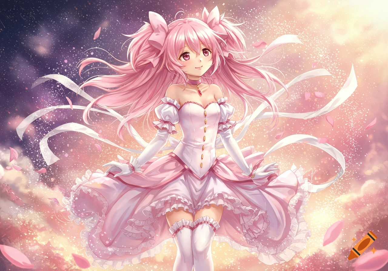 An anime magical girl with long pink hair and a frilly white and pink dress, surrounded by glowing sparkles and falling petals.