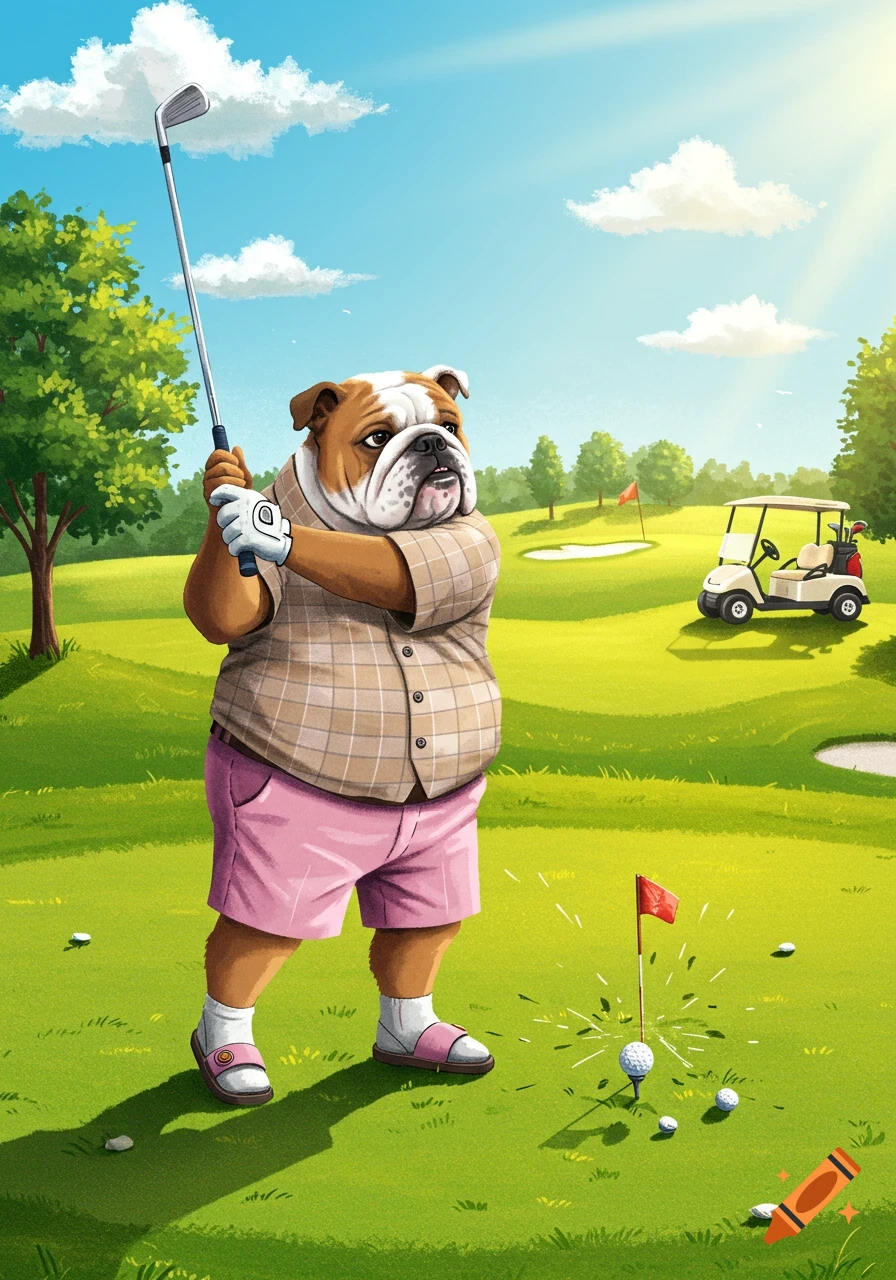Illustrated English bulldog in a plaid shirt and pink shorts swinging a golf club on a sunny golf course with a golf cart.