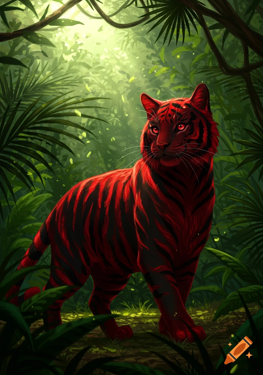 A striking red and black striped tiger-like creature with glowing red eyes stands in a lush, sunlit jungle illustration.