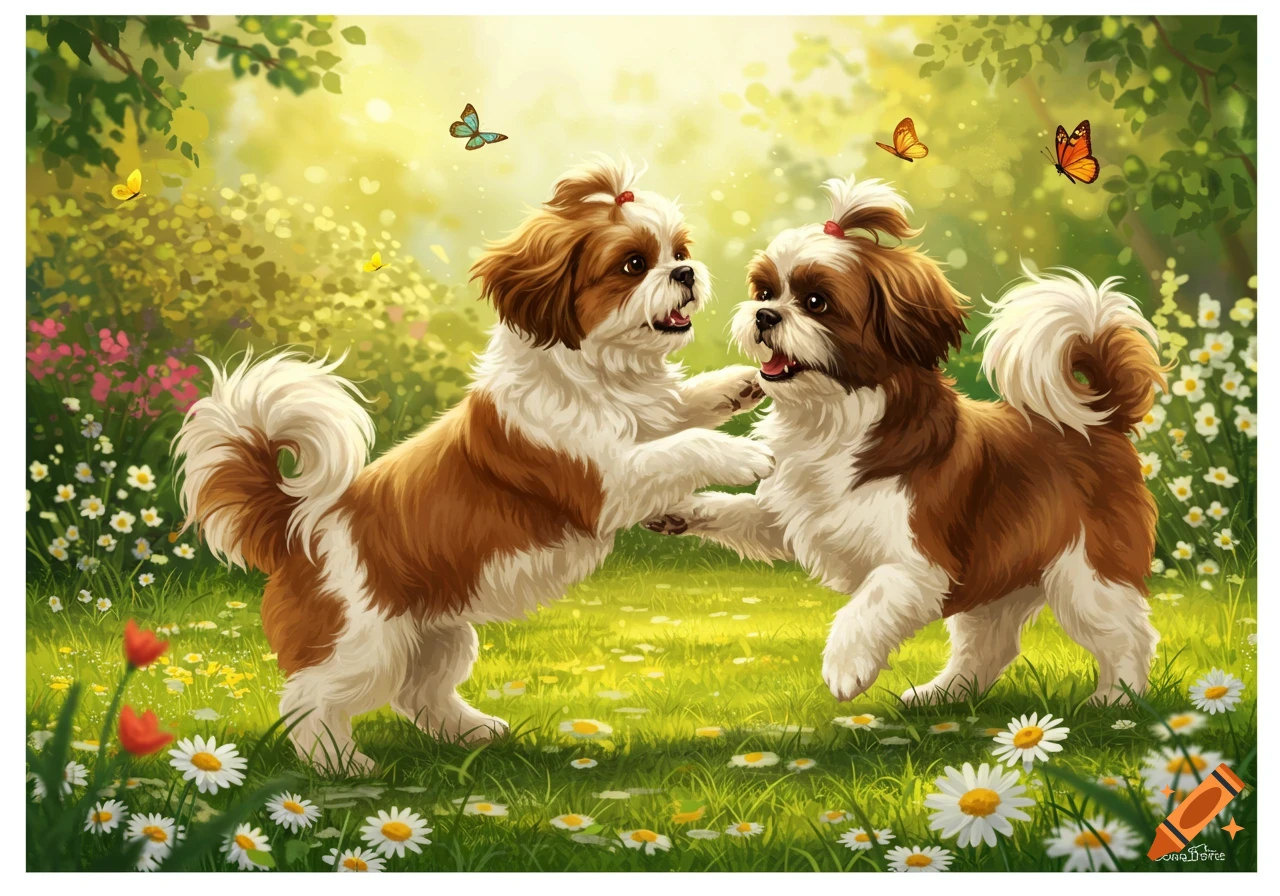 Two cheerful brown and white Shih Tzu dogs play amidst daisies and butterflies in a sunny, vibrant illustrated field.