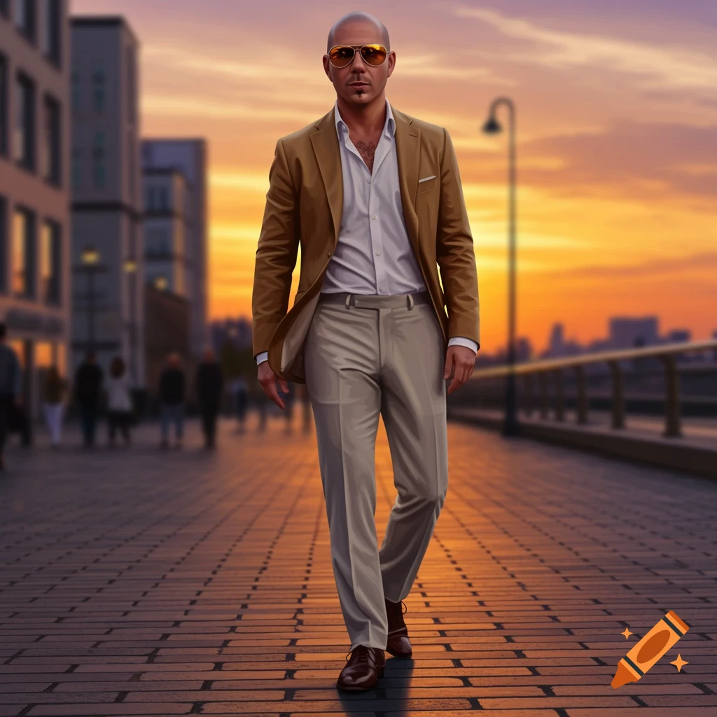 A photorealistic image of a bald man wearing sunglasses, a brown blazer, and light pants walking on a cobblestone path in a city at sunset.