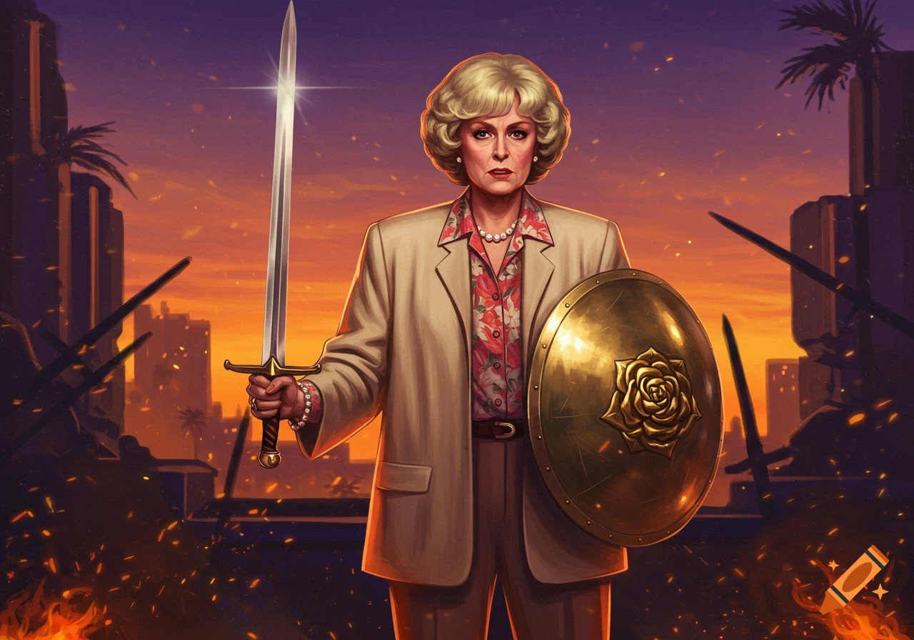 Digital painting of a woman resembling Dorothy from Golden Girls, holding a sword and shield in a fiery, apocalyptic city at sunset.