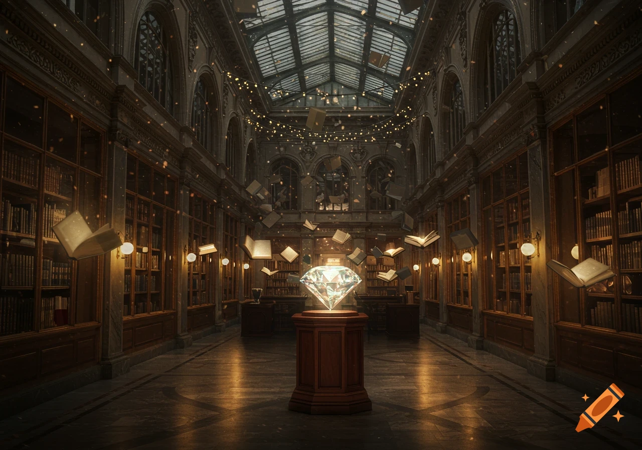 Ornate magical library with floating books, sparkling lights, and a glowing diamond on a pedestal.