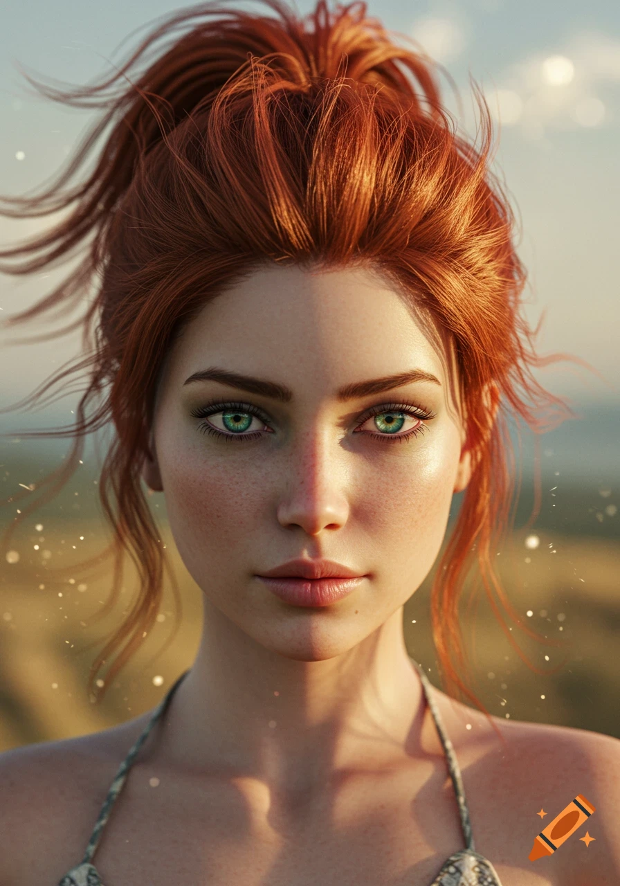 Photorealistic portrait of a woman with red hair in a spiky ponytail, striking sea green eyes, and freckles, lit by soft golden light.