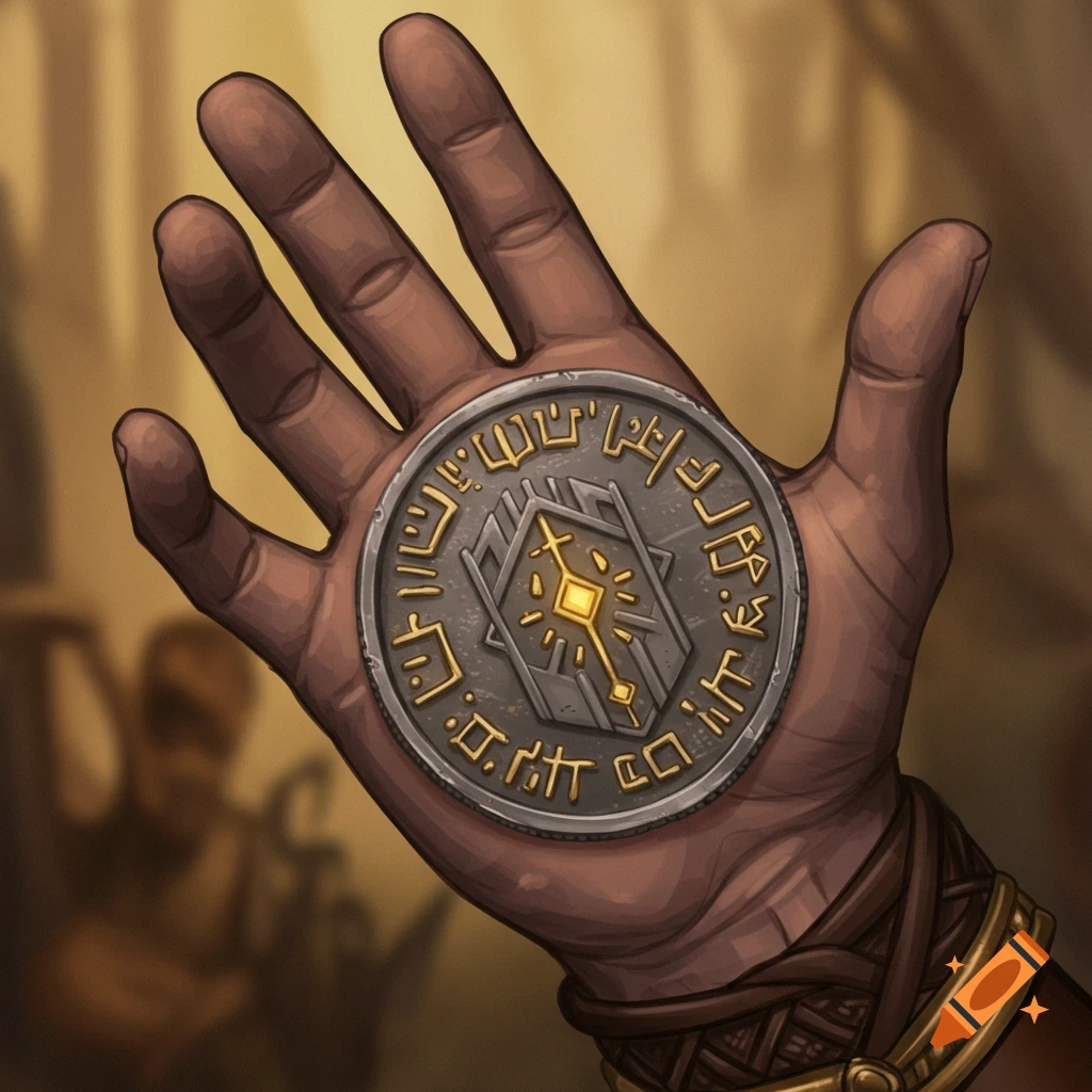 A hand holds a metallic coin stamped with glowing golden dwarven runes, in a detailed fantasy art style.