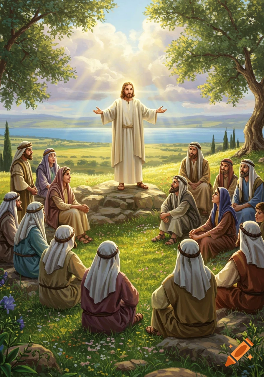 Jesus stands on a rock, preaching to disciples seated on a grassy hillside overlooking a lake, in a bright, illustrative style.