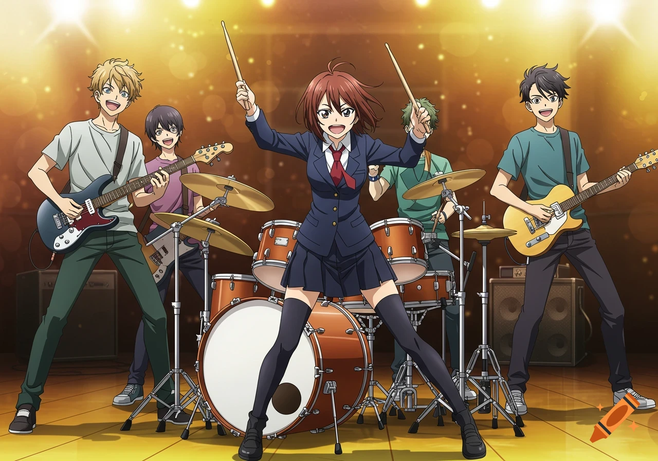 An anime band featuring a girl drummer in a school uniform and four boys playing guitars on a brightly lit stage.