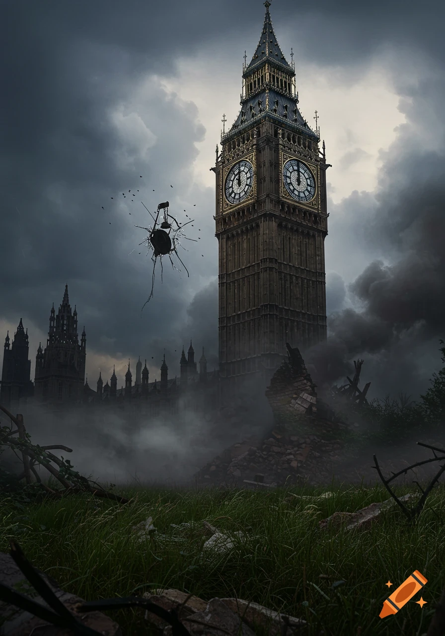 A dark, post-apocalyptic scene with a damaged Big Ben towering over misty, rubble-filled ruins and overgrown grass under a stormy sky, with a broken street lamp floating nearby.