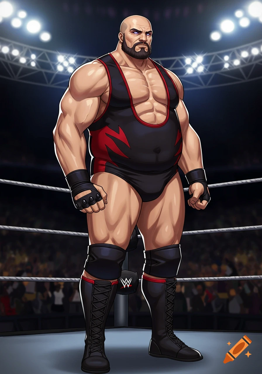 A bald, bearded, muscular wrestler in a black and red leotard stands in a brightly lit wrestling ring in an anime style.