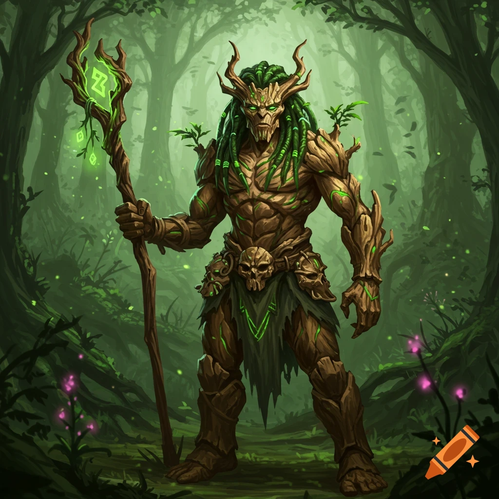 A hulking fantasy barbarian with green dreadlocks, bark-like skin, and glowing eyes, stands in a mystical forest, holding a glowing runic staff.
