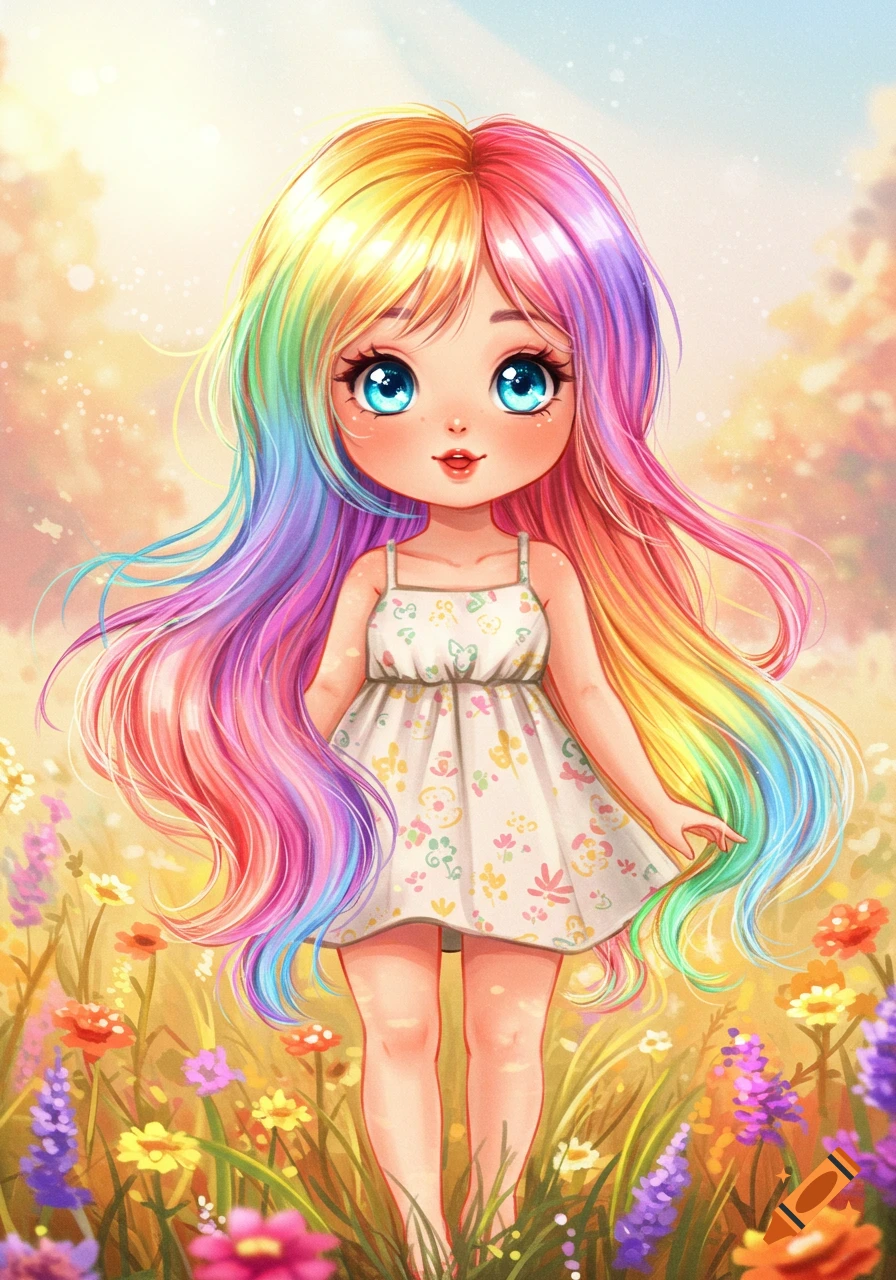 A cute anime-style girl with long, flowing rainbow hair stands in a vibrant field of colorful flowers, smiling.