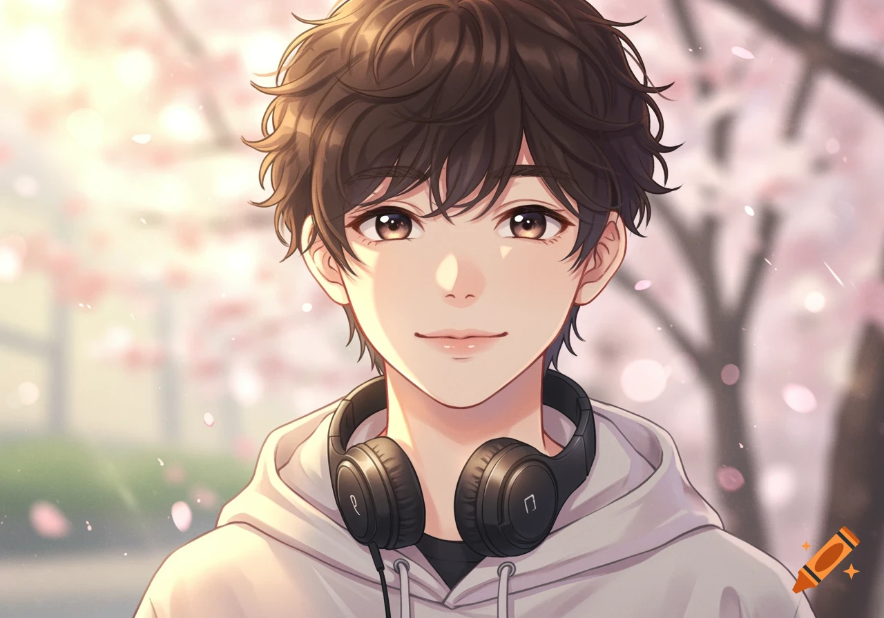 Cute anime boy with curly brown hair and headphones around his neck, smiling against a soft pink cherry blossom background.