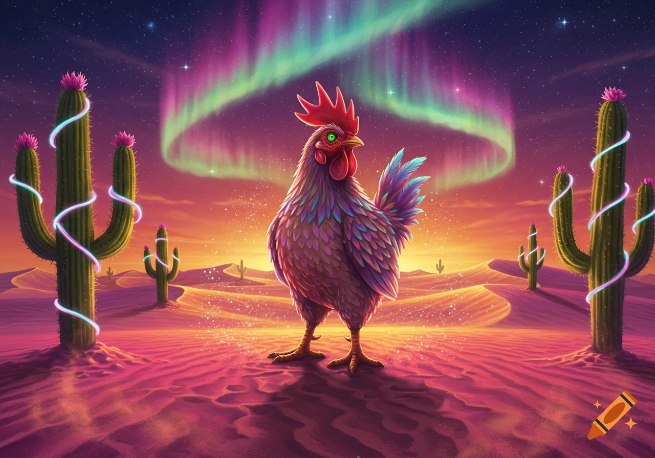 A vibrant, colorful rooster stands in a psychedelic desert with glowing cacti under a starry sky with an aurora borealis.