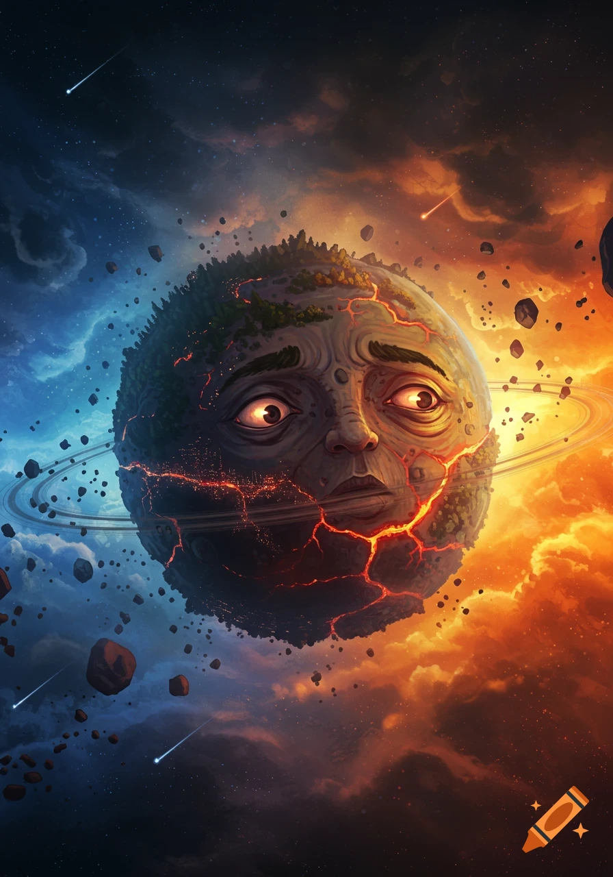 Anxious, cracked planet with a human-like face, surrounded by asteroids and nebulae in space.