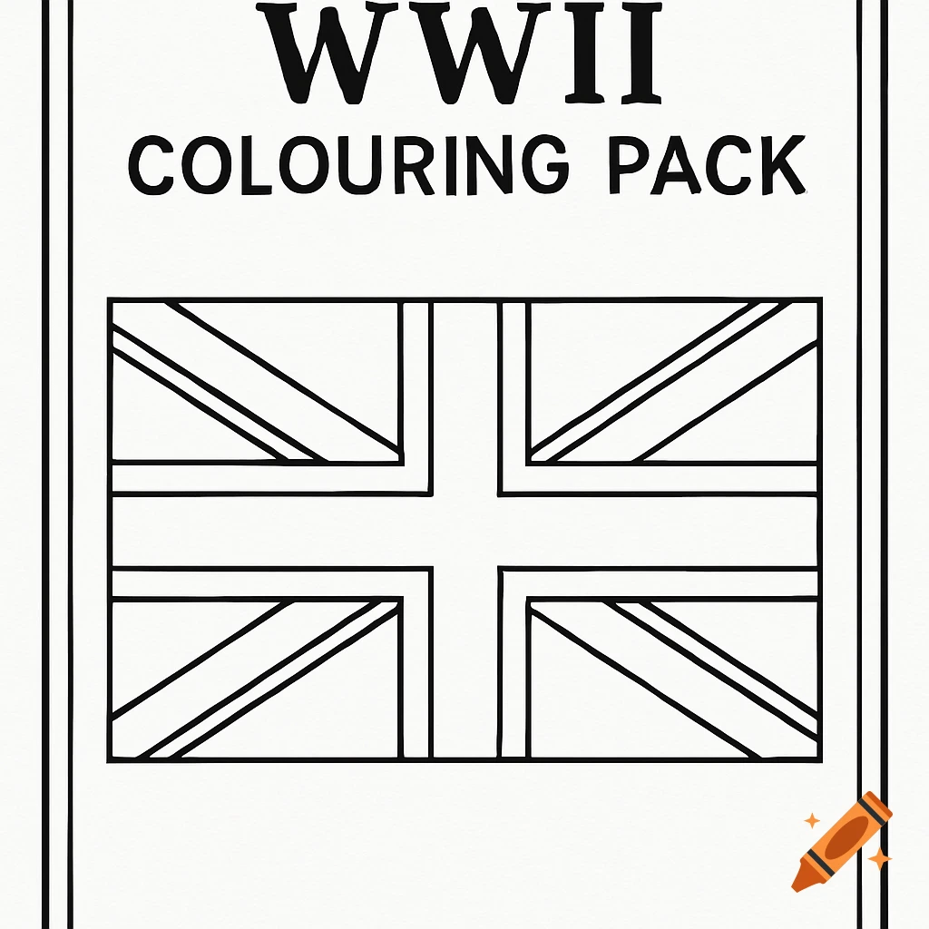 Black and white WWII Colouring Pack cover design with an outline of the Union Jack flag and bold text.