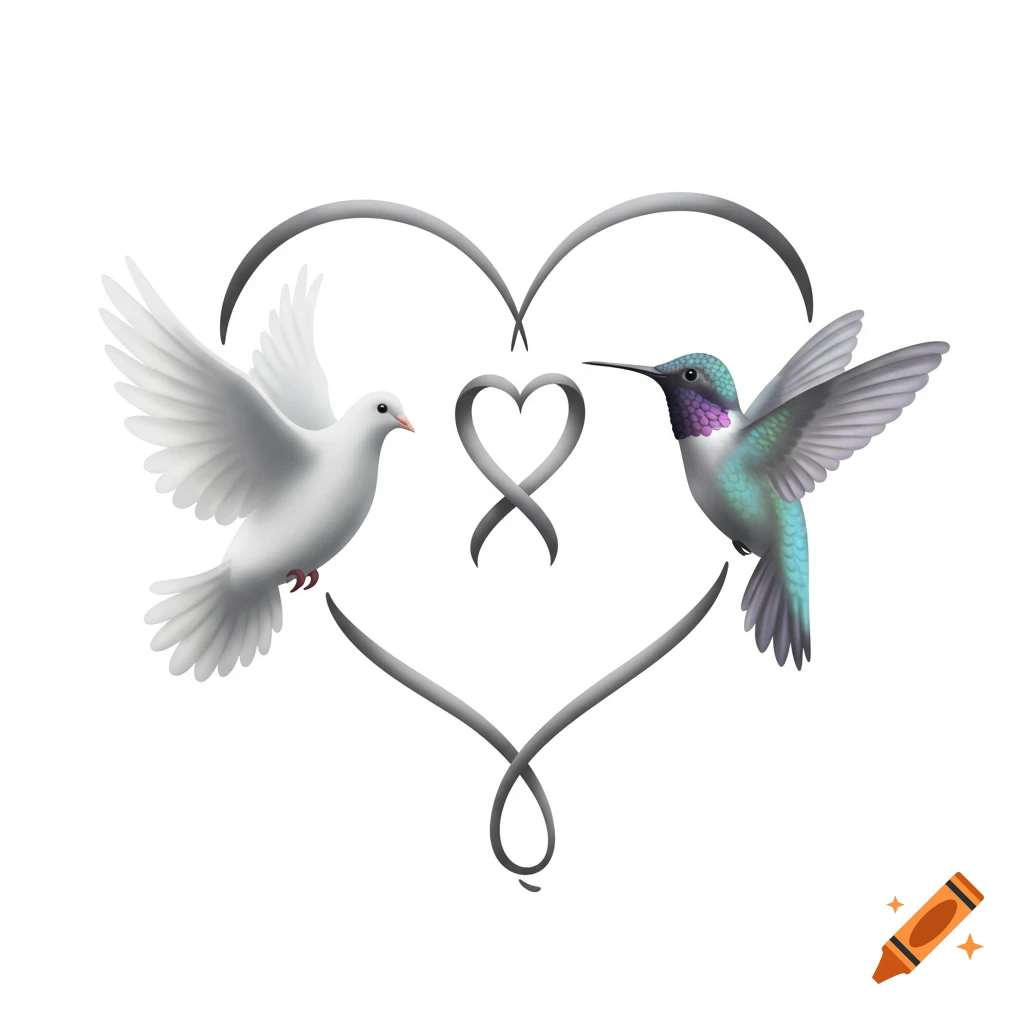 White dove and colorful hummingbird in flight, framed by a grey heart-shaped infinity symbol on a white background.