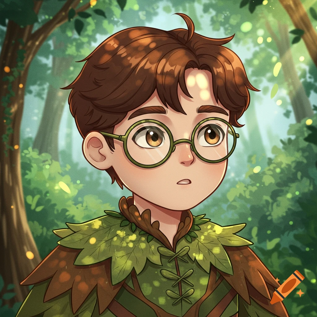 A 2D anime-style boy with brown hair, round glasses, and a leaf-inspired outfit stands in a lush green forest.