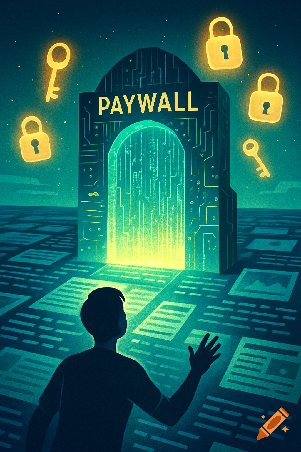 A stylized illustration shows a person looking up at a glowing arch labeled 'PAYWALL,' surrounded by floating keys, locks, and digital documents.