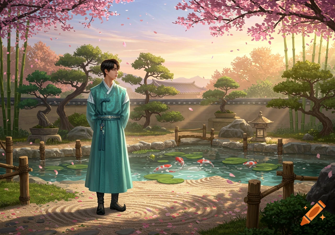 A person in a teal hanbok stands in a beautiful traditional East Asian garden with cherry blossoms, bamboo, and a koi pond.