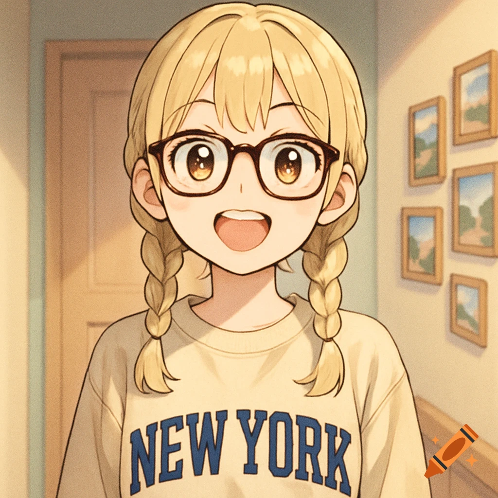 A smiling anime girl with blonde braided hair and glasses wears a 'NEW YORK' sweatshirt in a room with framed pictures.