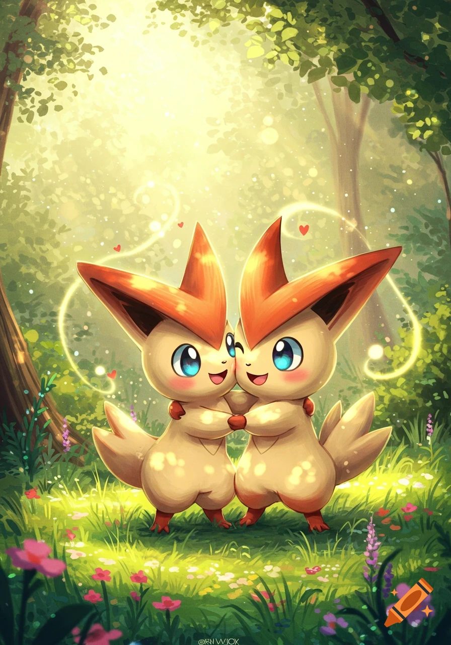 Two cute Victini Pok 00e9mon hugging in a sunny, magical forest with glowing dust and small red hearts, anime style.