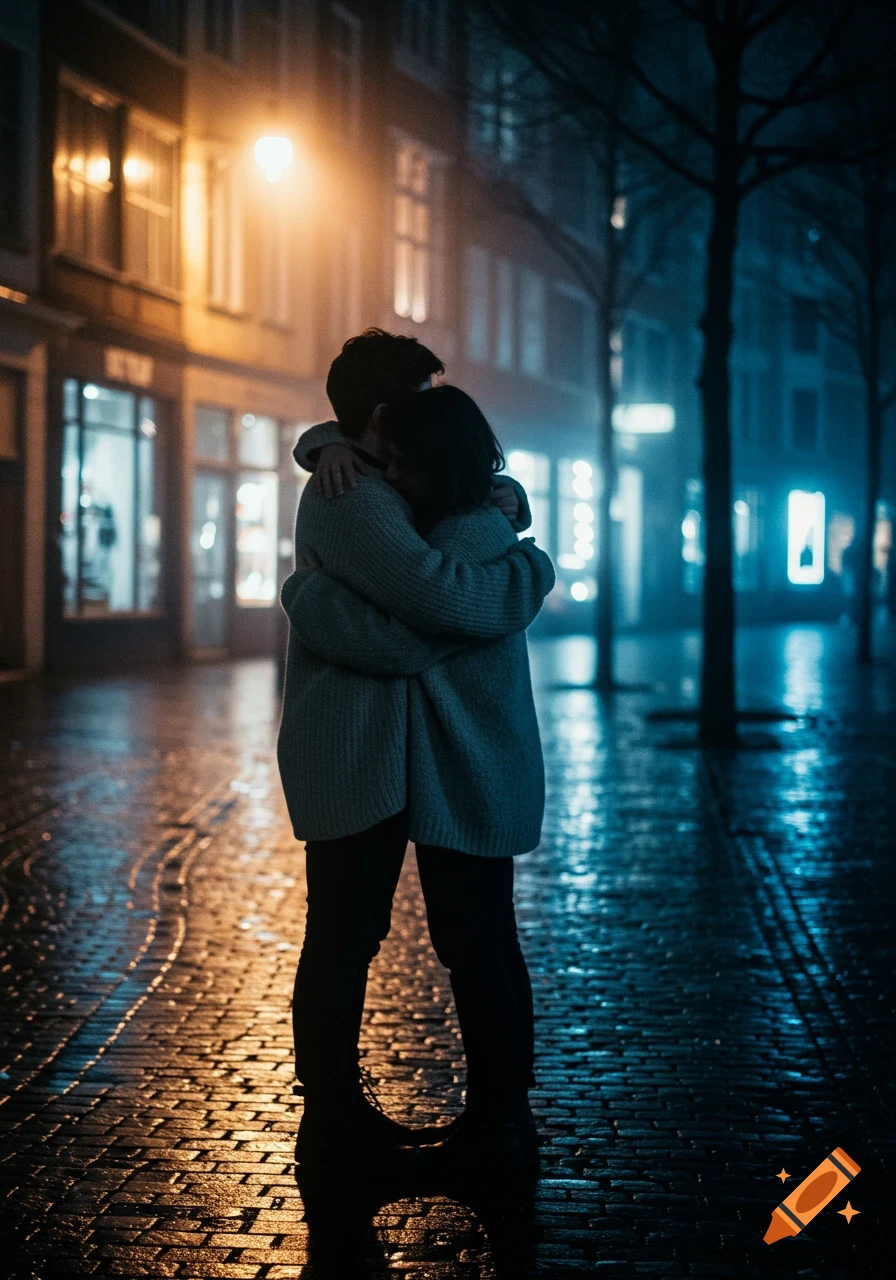 Two people embrace on a wet cobblestone street at night, lit by orange and blue streetlights.
