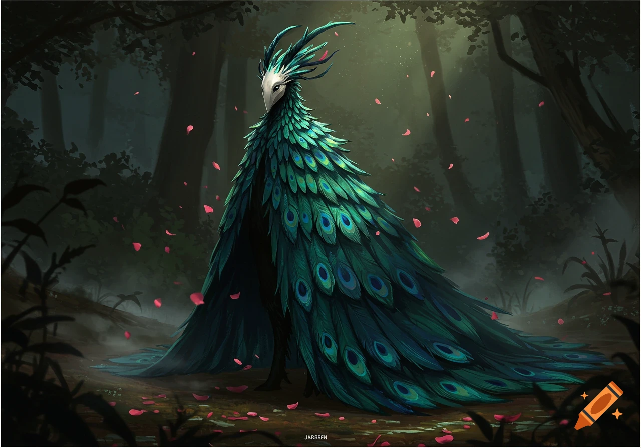 A mysterious creature with a white mask and a cloak of green peacock feathers stands in a dark, misty forest with pink petals.