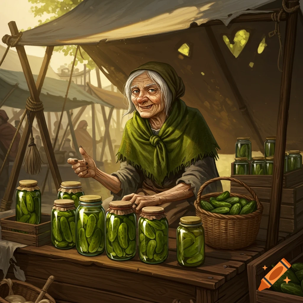 A smiling old woman with white hair and a green headscarf sells jars of pickles at a fantasy market stall.