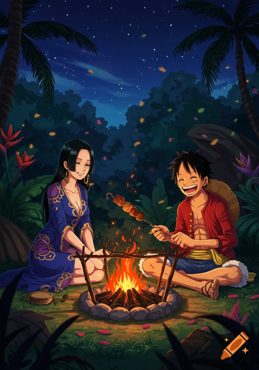 Anime illustration of Luffy and Hancock smiling, camping at night in a tropical jungle, cooking skewers over a campfire.