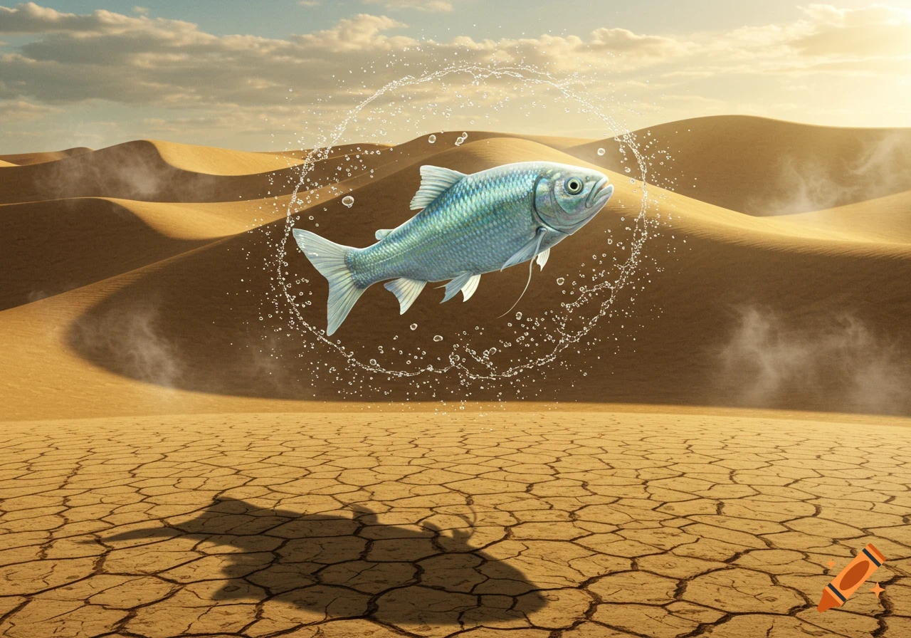 A realistic fish hovers over a cracked desert floor with sand dunes in the background, surrounded by splashing water, under a golden sky.