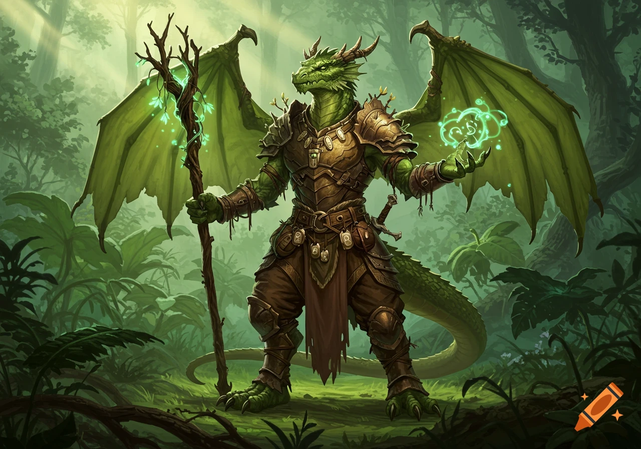 A green dragonborn druid in armor stands in a forest, holding a magical staff and casting a spell. Digital art.