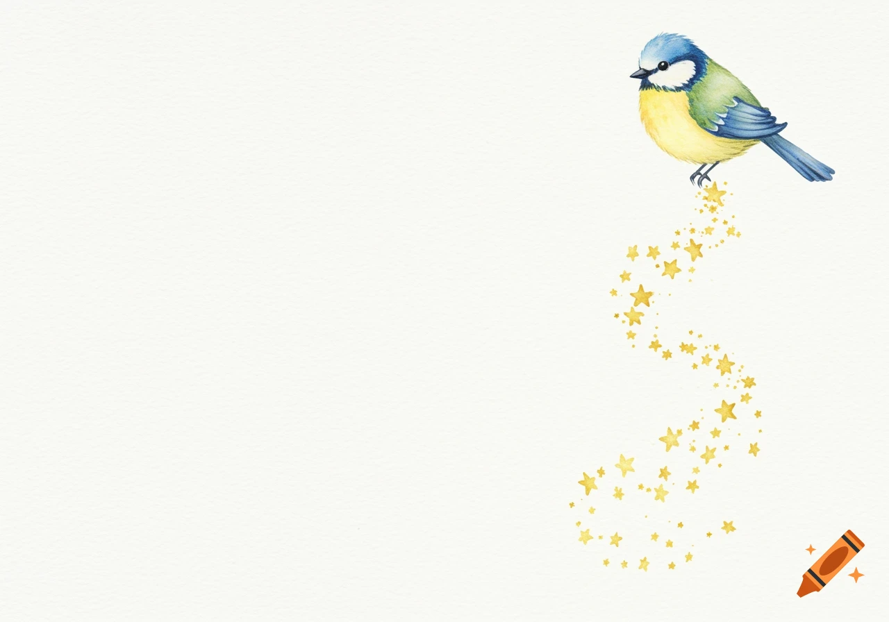 Watercolor illustration of a blue tit bird perching, emitting a trail of golden stars on a blank white page, in a children's book style.