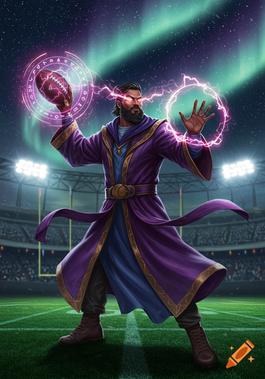 A powerful wizard in a purple robe with glowing eyes holds a football and casts magic with lightning, on a football field at night under the aurora borealis.