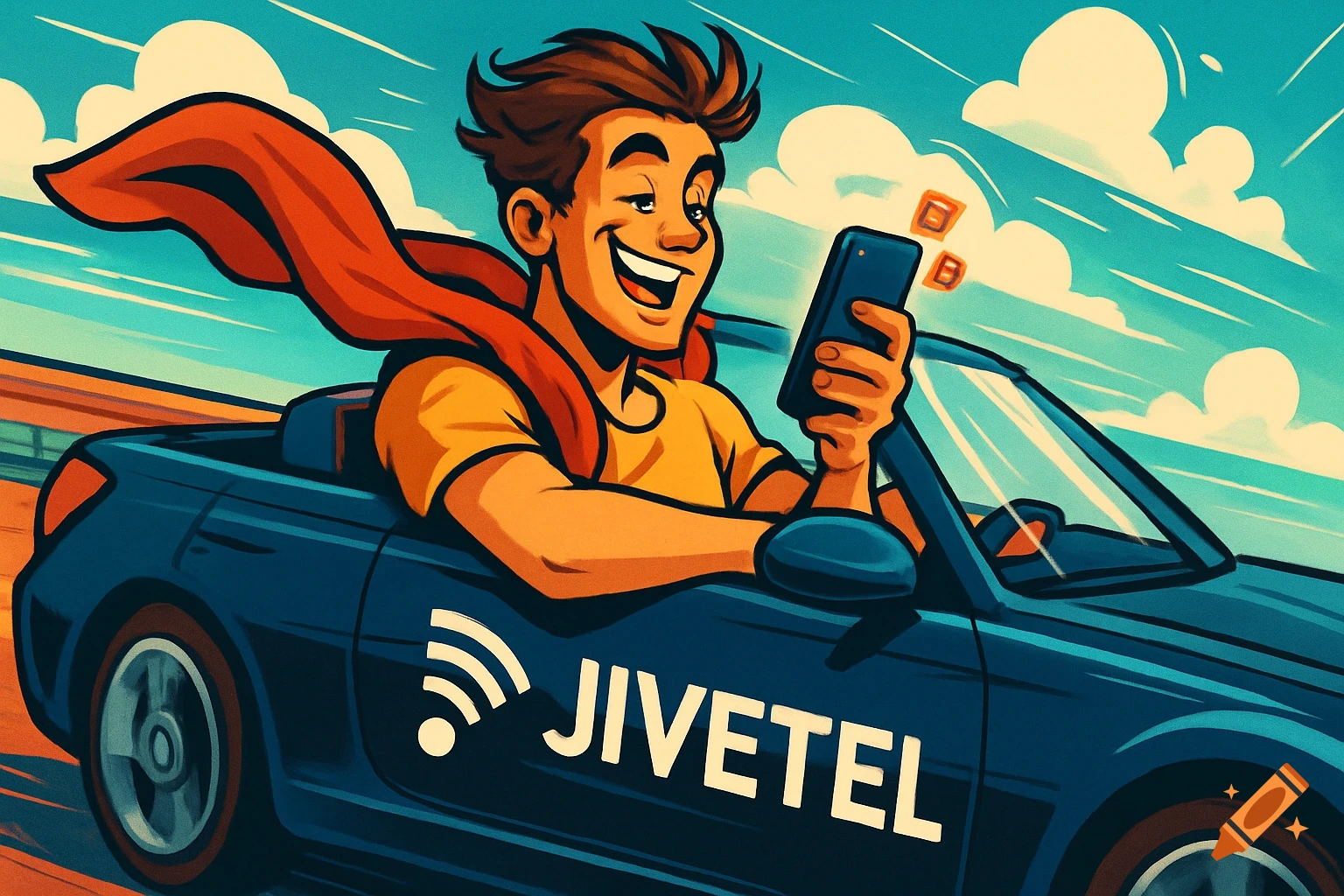 Cartoon man in a red cape driving a blue convertible, smiling at his phone, with 'JIVETEL' logo on the car.