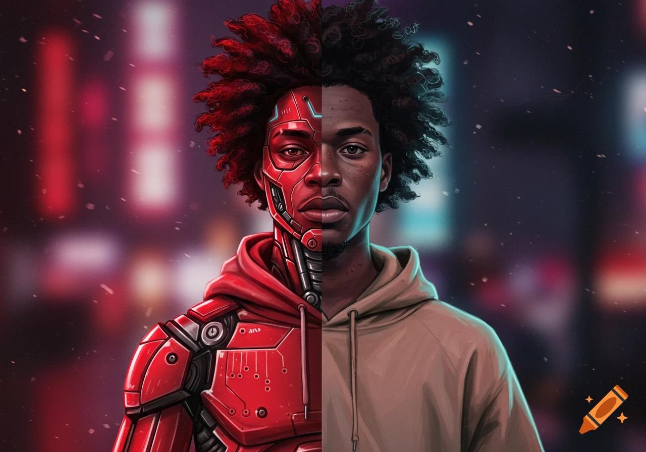 Digital art of a man, half human with an afro and beige hoodie, half red cyborg, against a blurred neon city.