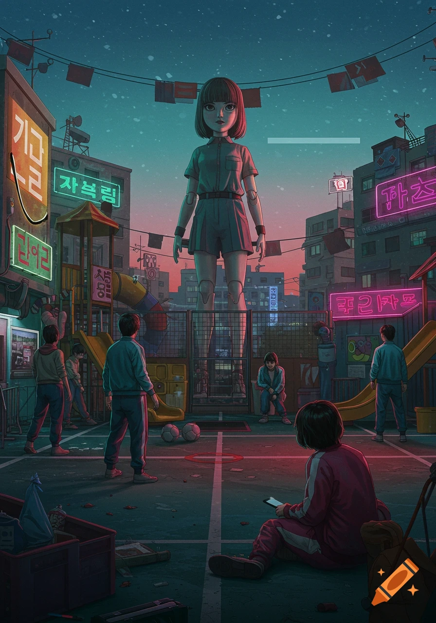 An urban playground at dusk features a giant 'Red Light, Green Light' doll overseeing players in tracksuits, surrounded by neon signs and apartment buildings in a style reminiscent of the 80s.