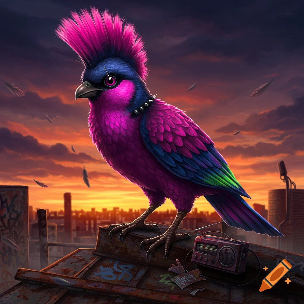 A vibrant punk bird with a pink mohawk and spiked collar stands on a rusty rooftop overlooking a city at sunset.