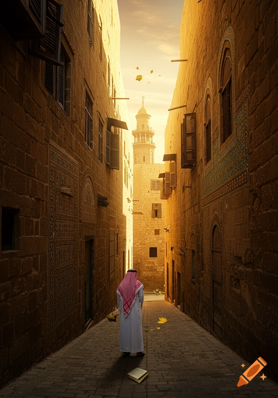 A person in a white thobe and red keffiyeh stands in a narrow, sunlit alleyway, looking towards a distant minaret. An open book lies on the cobbled ground.