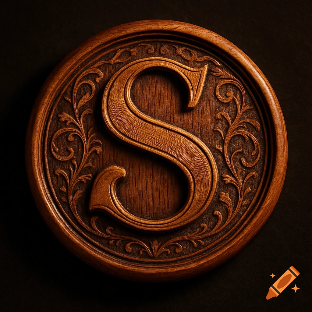 A circular carved wooden medallion featuring the letter S in the center, surrounded by ornate floral patterns.