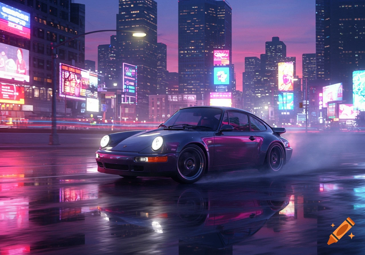 A dark Porsche 911 drifts on a wet city street at night, with neon-lit skyscrapers and billboards reflecting in the puddles.