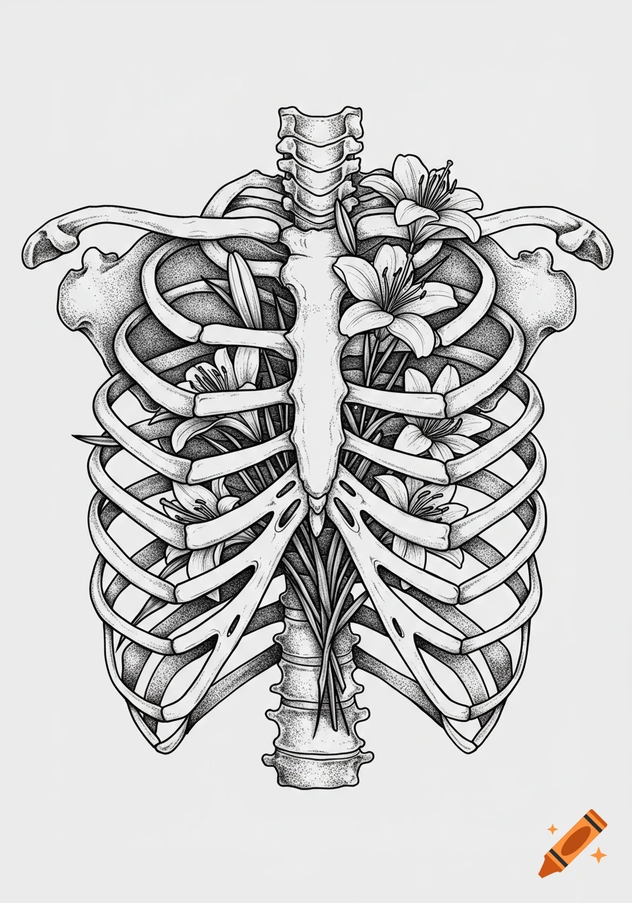 A black and white fine line tattoo sketch of a human ribcage filled with lilies and dark stipple shading.