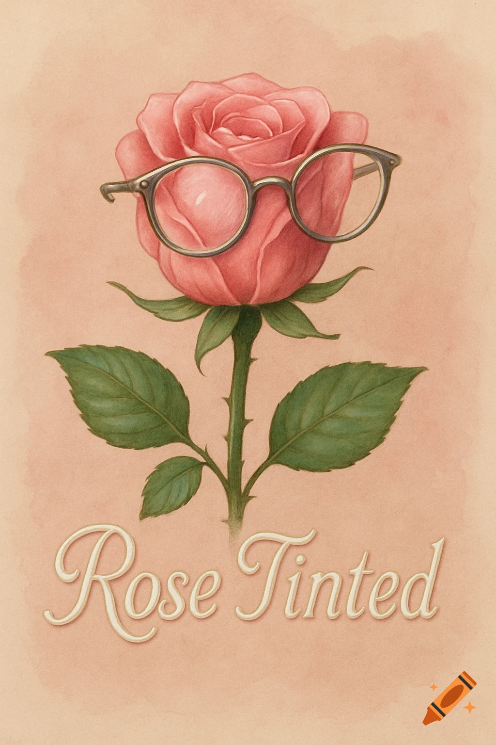 A whimsical watercolor illustration of a pink rose wearing round glasses, with the text 'Rose Tinted' below.