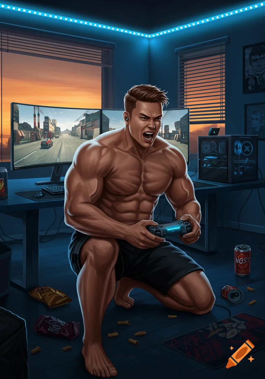 Muscular man intently plays video games with a controller, yelling, in a colorful illustration.