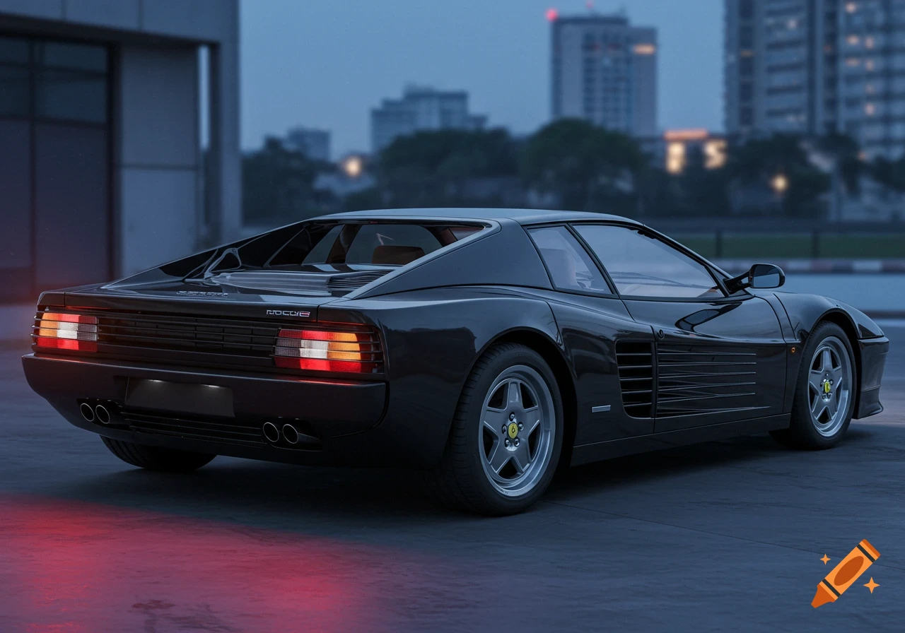 Rear view of a black classic Ferrari Testarossa parked at dusk, with its taillights glowing red, city buildings in the blurred background.