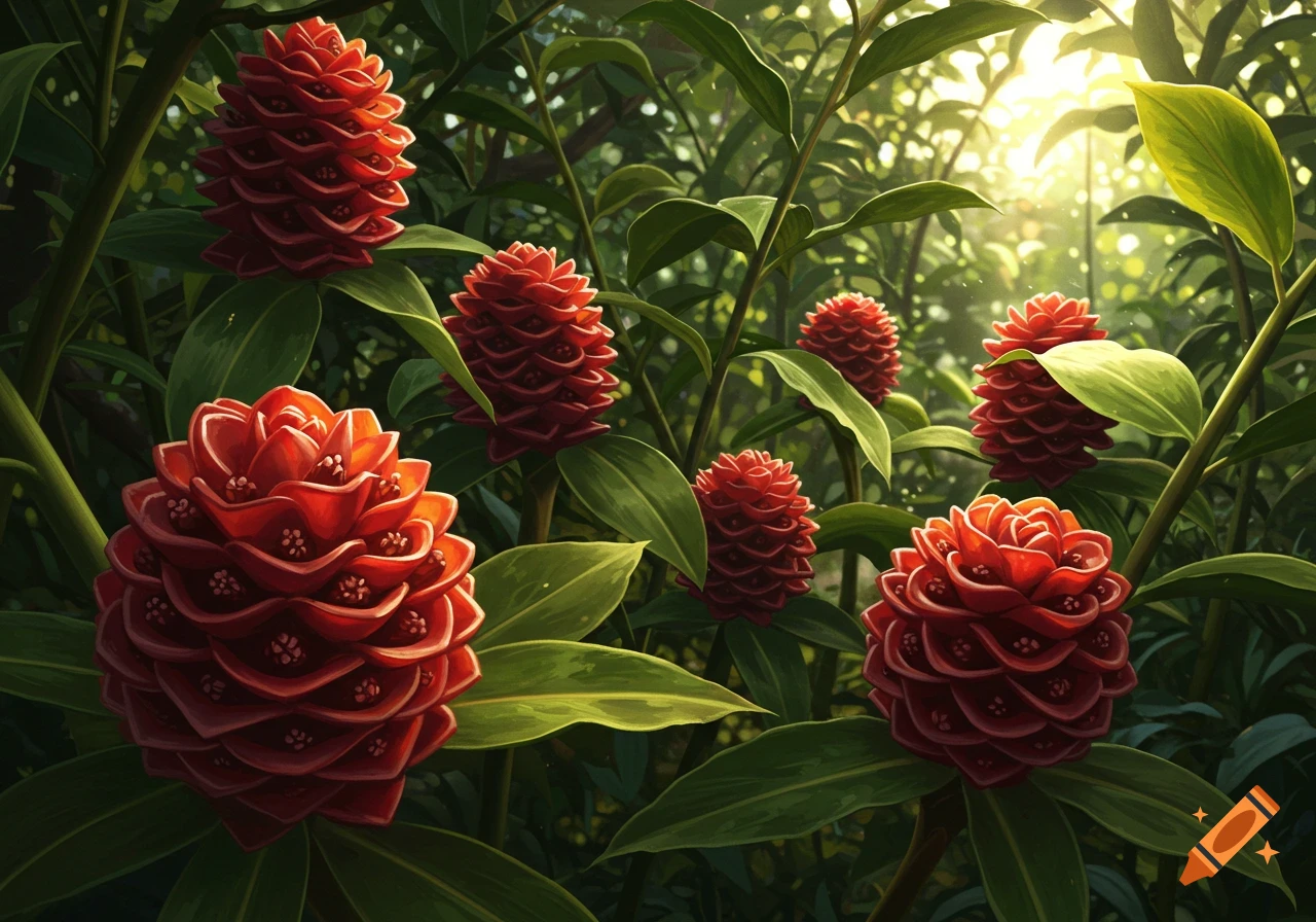 Vibrant red beehive ginger flowers bloom in a lush tropical forest, with sunlight filtering through green leaves.