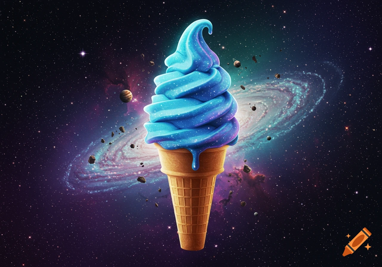 A sparkling blue soft-serve ice cream cone, resembling a galaxy, floats in a cosmic space scene with stars and planets.