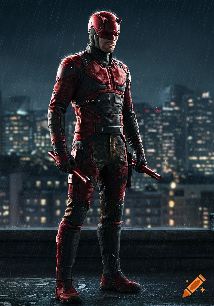 Daredevil in his red and black suit stands on a rainy city rooftop at night, holding his batons.
