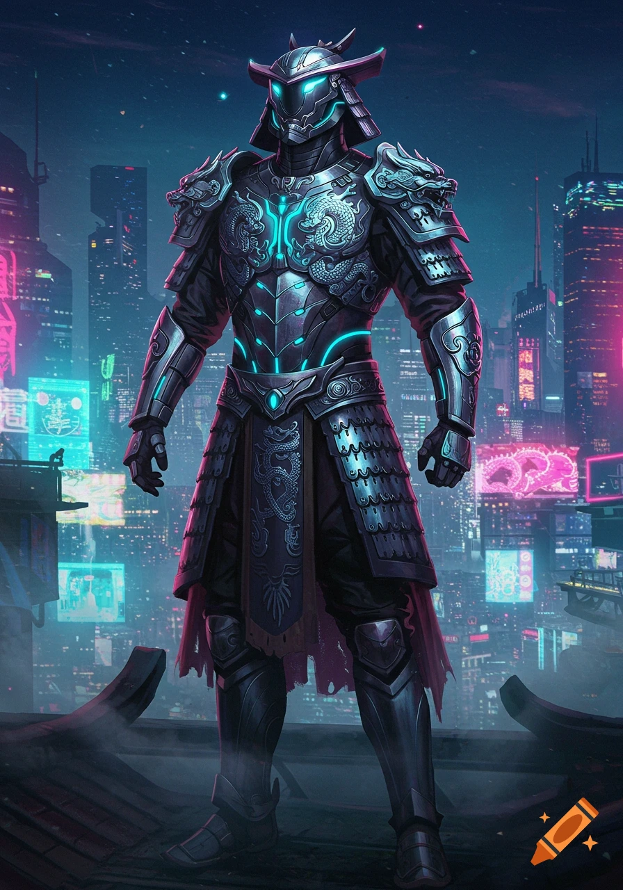 A full-body shot of a futuristic samurai in ornate, dark armor with glowing blue accents and dragon motifs, standing in a neon-lit cyberpunk city at night.