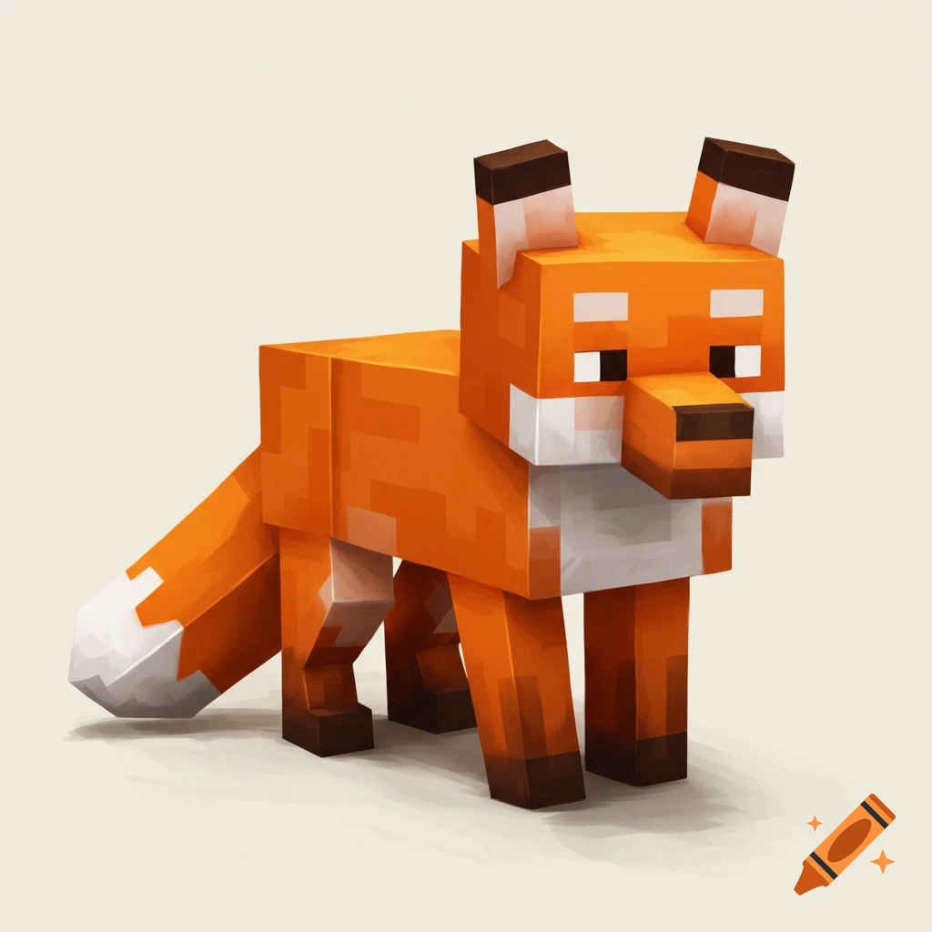 A blocky orange and white fox, styled like a character from Minecraft, stands on a light background.